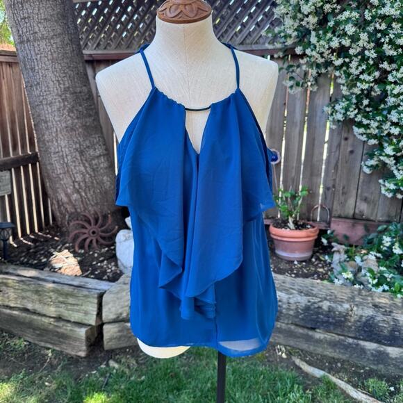 New York & Co Stretch Blue Halter Tank Blouse Metal Hardware Women’s Med - Picture 1 of 8